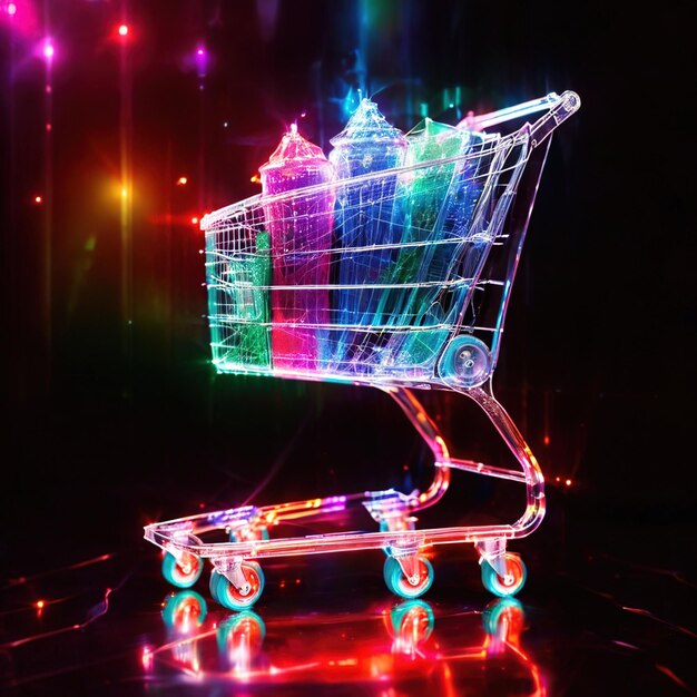 Photo online shopping and ecommerce shown by digitial representation of supermarket trolley