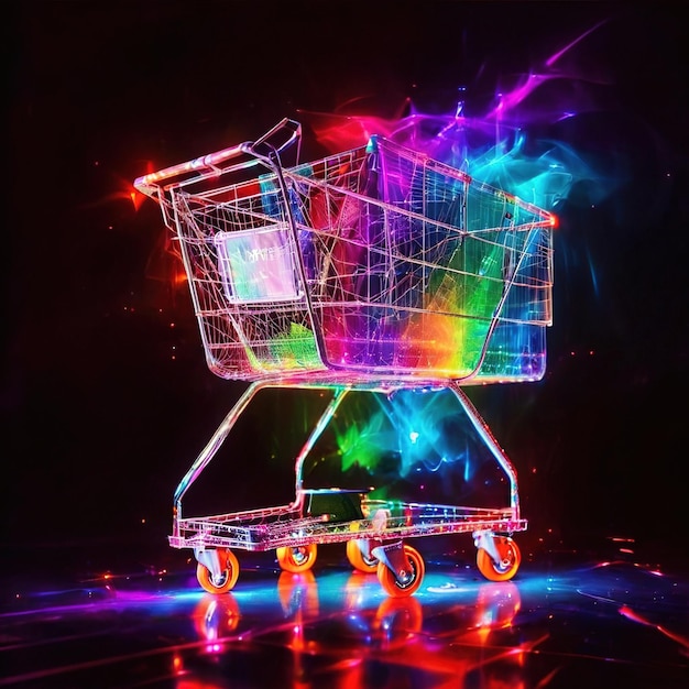 Photo online shopping and ecommerce shown by digitial representation of supermarket trolley