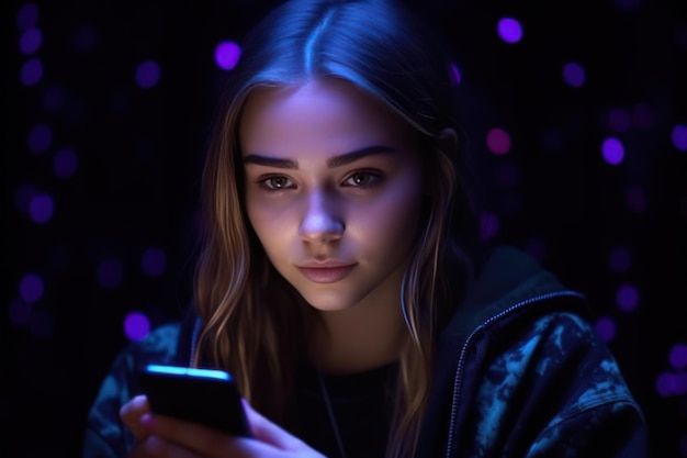 紫色のネオン李の暗い背景に分離された携帯電話で幸せな若いかわいい女の子をオンライン ショッピング