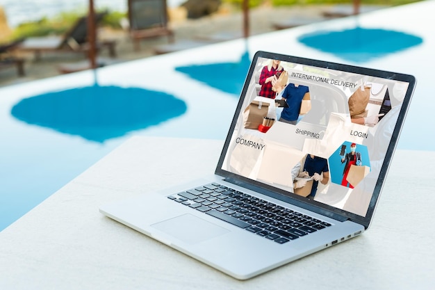 online shopping. laptop with banner delivery.