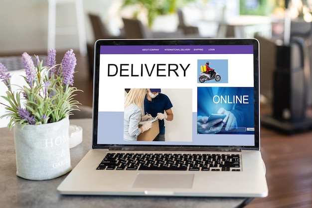 Photo online shopping. laptop with banner delivery.