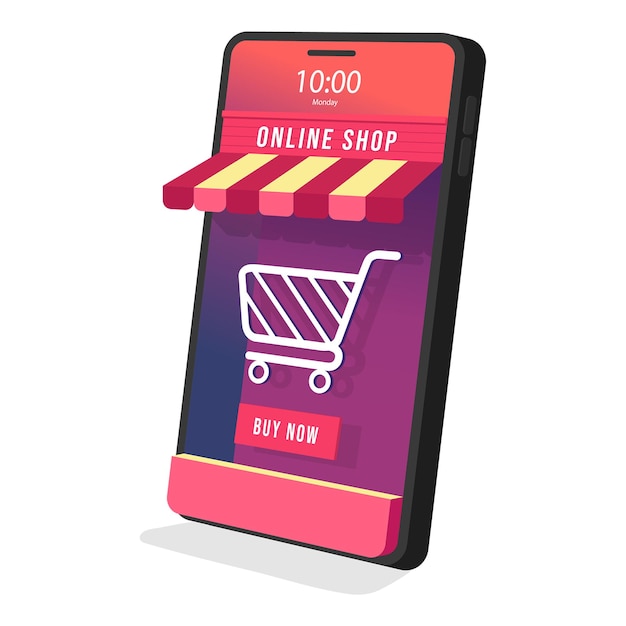 Online shopping on mobile application concept. 3D Online store on mobile phone