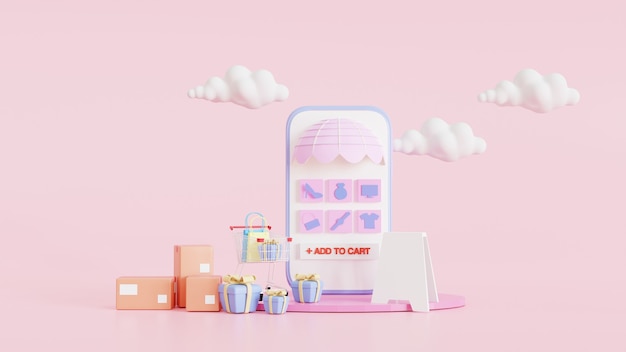 Online shopping on mobile application concept. with a shopping\
bag and box. pink minimal background and blue smartphone showcase\
display icon on shelves. digital marketing. 3d render\
illustration