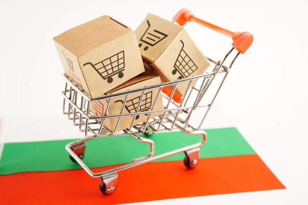 Photo online shopping shopping cart box on bangladesh flag import export finance commerce