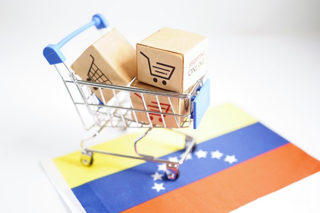 Online shopping Shopping cart box on Venezuela flag import export finance commerce