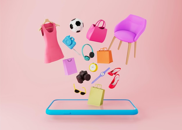 Foto acquisti online su smartphone articoli per lo shopping che galleggiano su sfondo rosa rendering 3d