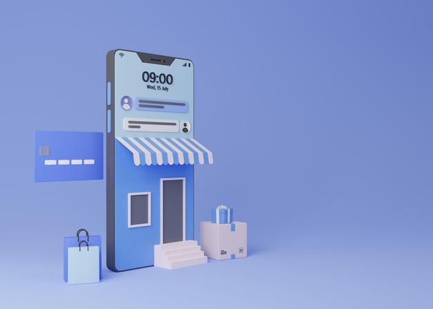 online shopping on smartphone and store with awning 3d render illustration