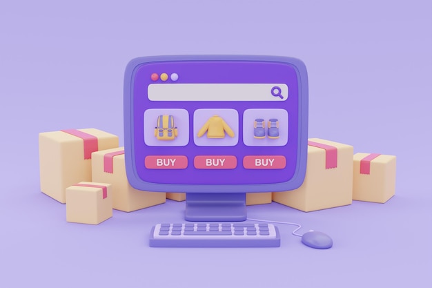 Online shopping store and delivery on computer with parcel boxes on purple background digital marketing promotion 3d rendering