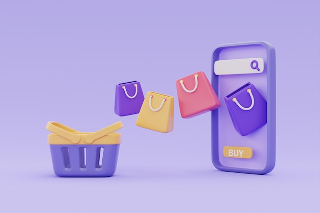 Photo online shopping store on smartphone with shopping basket and bags on purple background 3d rendering