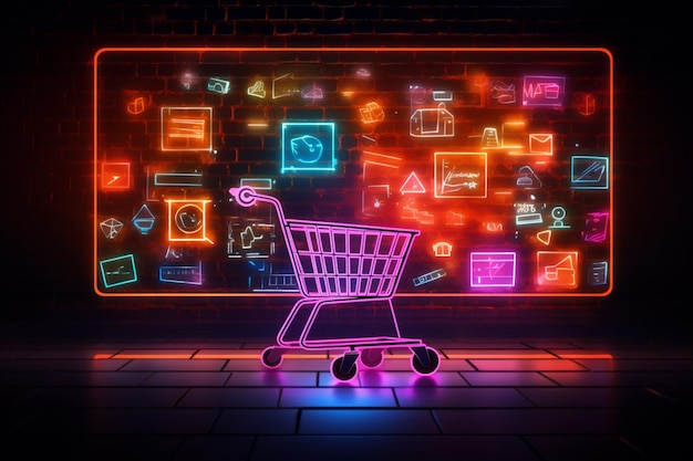 Online shopping vector template glows with neon elements modernizing digital retail aesthetics