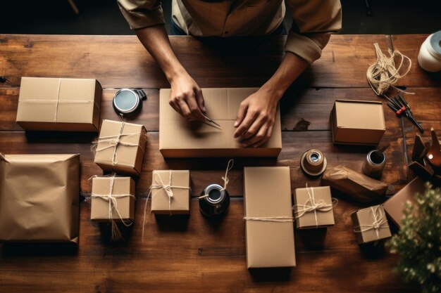 Online shopping young start small business in a cardboard box at work Generative AI