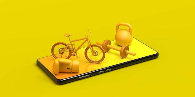 Online sport concept with smartphone Banner Bicycle boxing glove dumbbell App 3D illustration