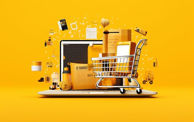 Online store concept trolley and laptop illustration