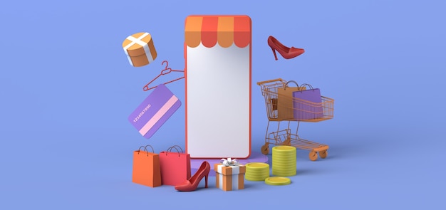 스마트폰 복사 공간 3D 그림을 통한 온라인 상점 개념 온라인 쇼핑 모형