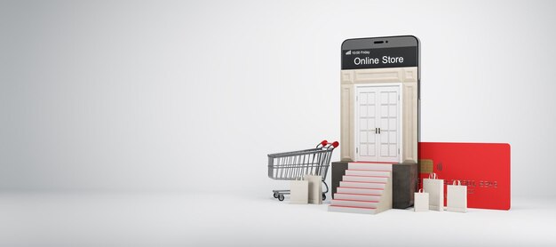 階段ショッピングバッグトロリーとあなたのロゴのためのスペースと白い背景の上の店の入り口を模倣したクレジットカードを備えたモダンなスマートフォンの画面上のドアの写真とオンラインストアのコンセプト