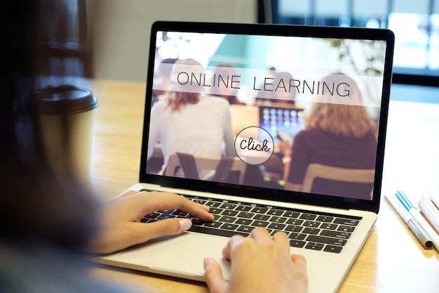 online study class e learning web banner on laptop screen background