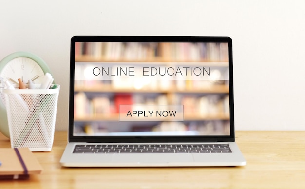 Online study class E learning web banner on laptop screen background