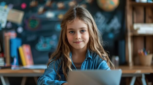 온라인 학습 또는 학교 과제 노트북 앞에 앉아 온라인 학습 또는 교육 수업을 하는 어린 소녀