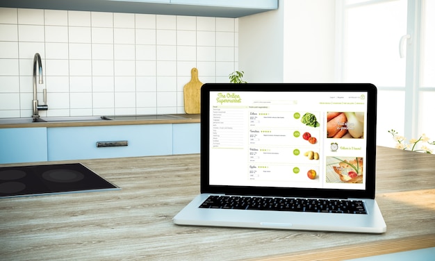 online supermarktscherm laptop op kookeiland bij keuken 3D-rendering