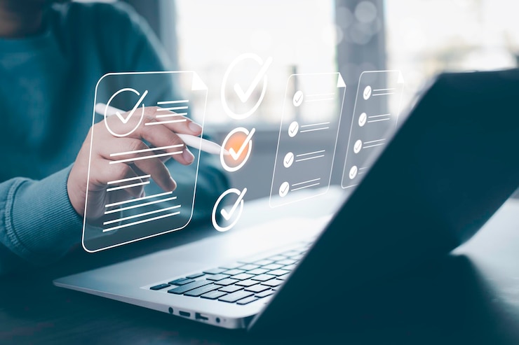 Online survey filling out and digital form checklist by laptop computer Document Management Checking System online documentation database and process manage files