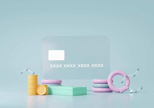 온라인 시스템 지불 신용 카드 또는 직불 카드 개념 인터넷의 금융 거래 전 세계에 연결합니다. 부드러운 파란색 배경에 기하학적, 3D 렌더링
