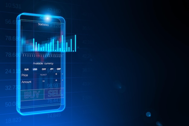 online trade concept with mobile device or smartphone and digital financial stock market indicators