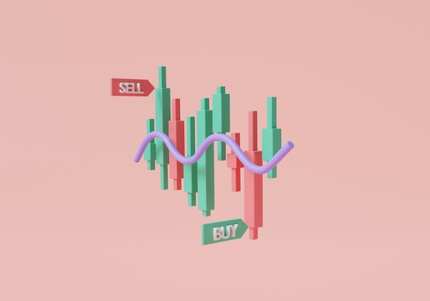 Online trading concept Red and green candlestick chart with buy and sell icon cryptocurrency up and down trend Stock trading Growth stock diagram financial graph 3d icon render illustration