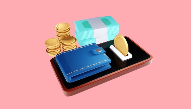 Online transaction via smartphone, sent and receive coins and online payment concept. 3d illustration