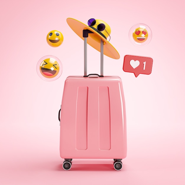 Photo online travel holiday concept. pink suitcase emoji 3d rendering