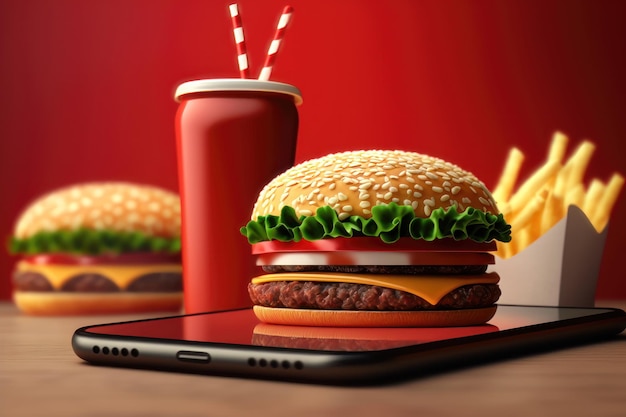 Online voedselbezorging Hamburgers op smartphone AI Generation