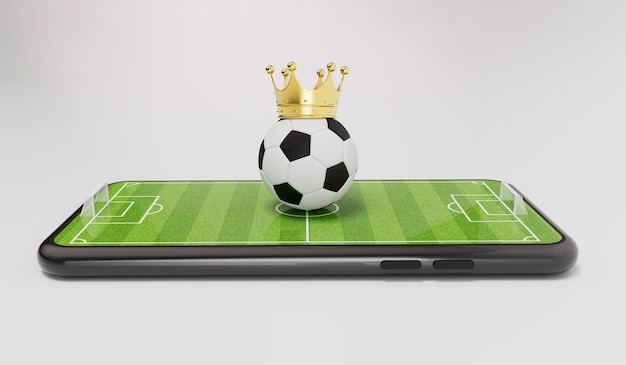 Online voetbalconcept Voetbalbal op een smartphone met een voetbalveld 3D Rendering