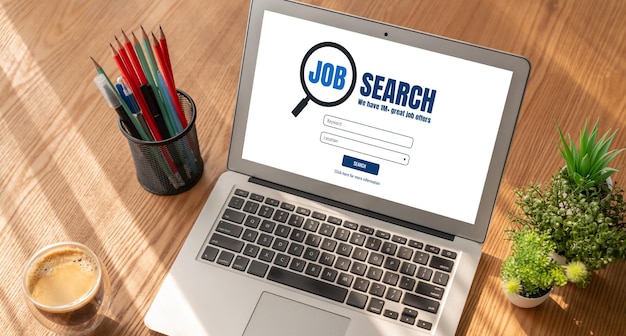 Foto online werkzoekopdrachten op modische websites voor werknemers om werkgelegenheid te zoeken op het internetnetwerk voor werving