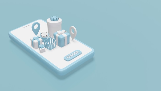Online winkelconcept 3D-weergave van geschenkdozen en locatieservicesymbolen op smartphone