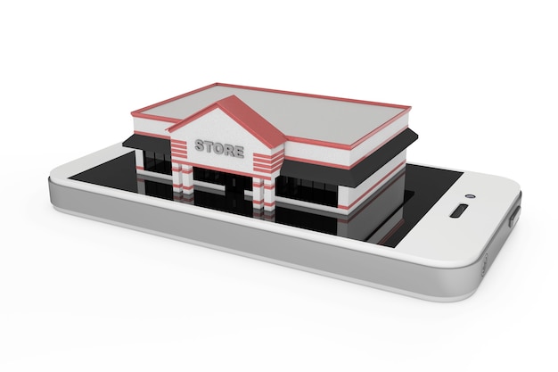 Online winkelconcept. Grote winkel gebouw over abstracte mobiele telefoon op een witte achtergrond. 3D-rendering