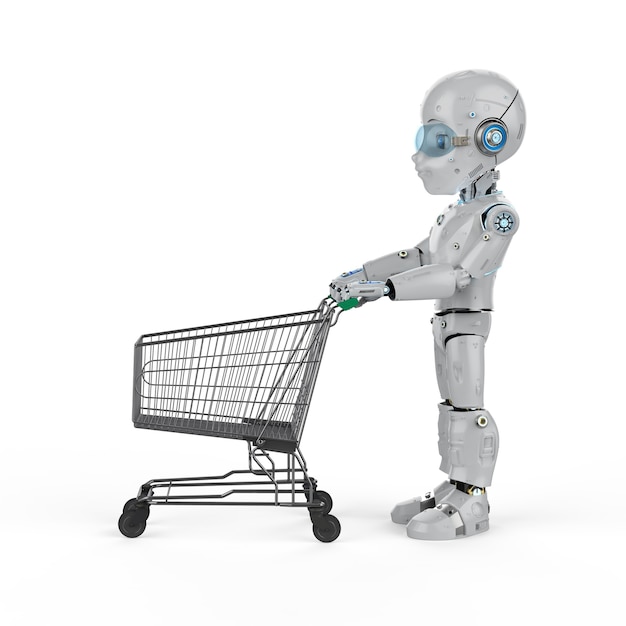 Online winkelconcept met 3D-rendering schattige robot greep winkelwagentje