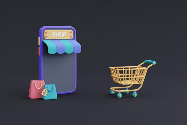 Online winkelconcept op 3D-smartphone met kar en boodschappentas Digitale marketing3d render