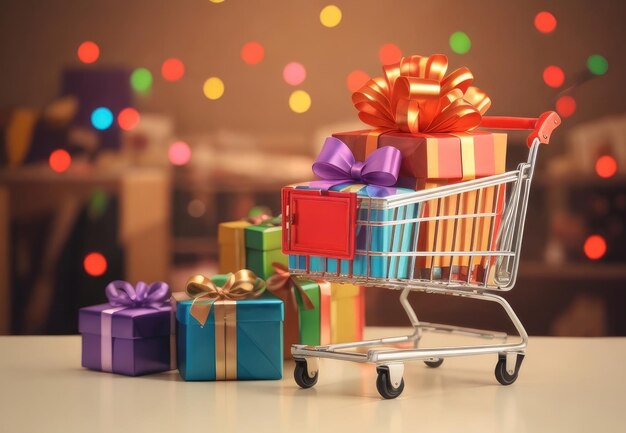 Online winkelen en Black Friday verkoop ideeën Een winkelwagentje met veelkleurige geschenkkistjes