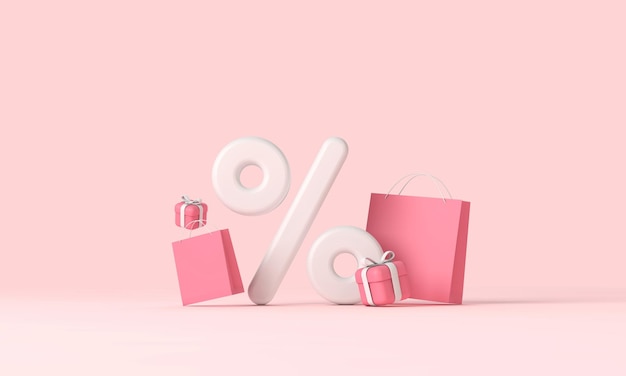 Online winkelen kortingsbanner met papieren zakken en geschenken d rendering