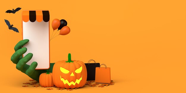 Online winkelen met smartphoneconcept voor herfstseizoen en halloween Ruimte kopiëren