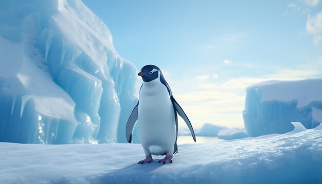 Only one penguin stands on the ice front the background is an iceberg closeup of animals