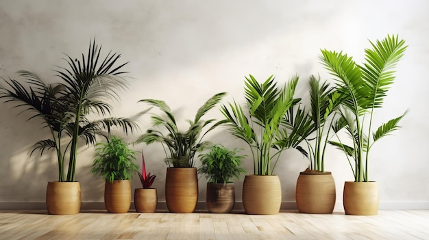 Onmiskenbare tropische planten in rieten potten sluiten witte scheidingswand bij familie Creative resource AI Generated