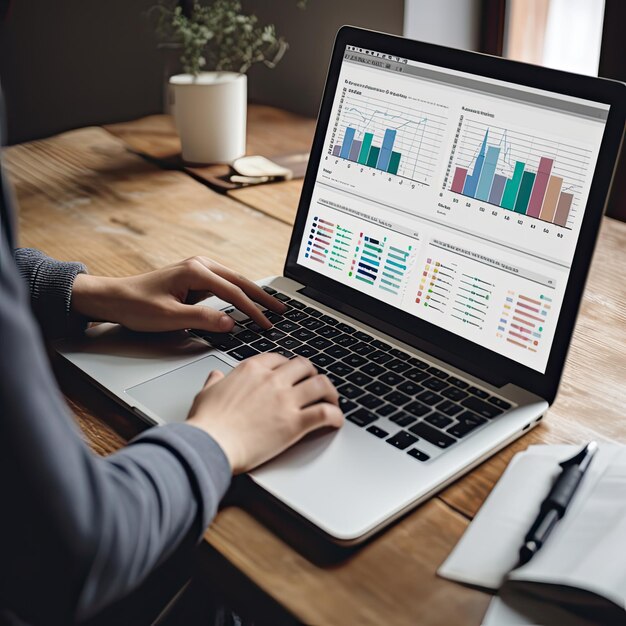 An onnline strategist analyzing data and charts on a laptop