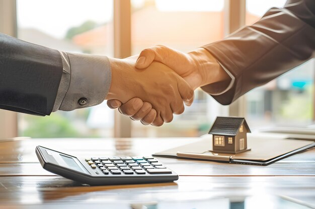 Foto onroerend goed agent schudden de hand met de klant na het ondertekenen van een contract om een huis te kopen