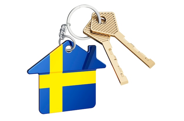Onroerend goed in Zweden Home sleutelhanger met Zweedse vlag Vastgoed huur of hypotheek concept 3D-rendering