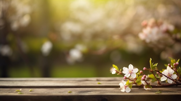 Onscherpe achtergrond van lente achtergrond een lege houten plank