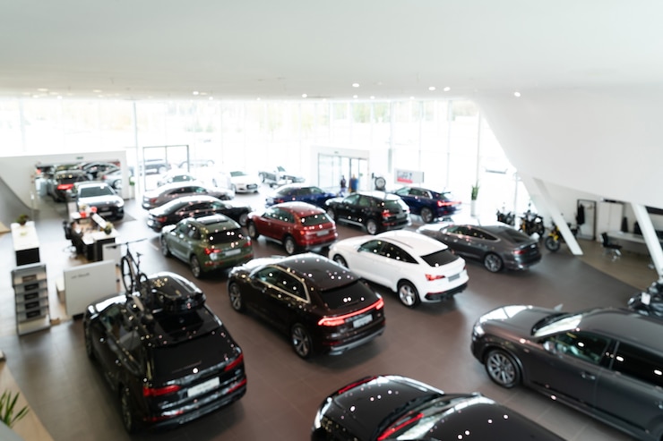 Onscherpe achtergrond van nieuwe auto's weergegeven in luxe showroom panorama