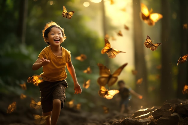 Onschuld in beweging Speelse vlinderjacht van Aziatische kinderen Stralende glimlach in volle bloei