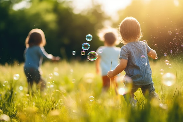 Onschuldig gelach Kinderen genieten van weide bubbels