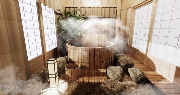 Photo onsen room interior with wooden bath and decoration wooden japanese style