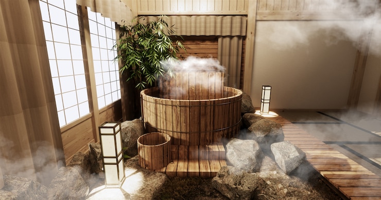 Photo 房間內部有木製浴<unk>和裝飾木製日本風格